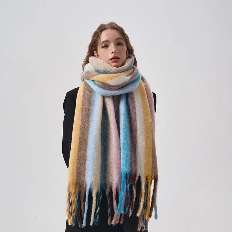 

2023 Winter New Rainbow Contrast Stripe Women's Scarf Soft and Glutinous Soft Enlarged Shawl Couple Atmosphere Feel Warm Neck