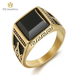 PSJ Fashion Jewelry AG Freemasonry 14MM Vintage Black Onyx Inlay Gold Plated Titanium Stainless Steel Finger Rings for Men