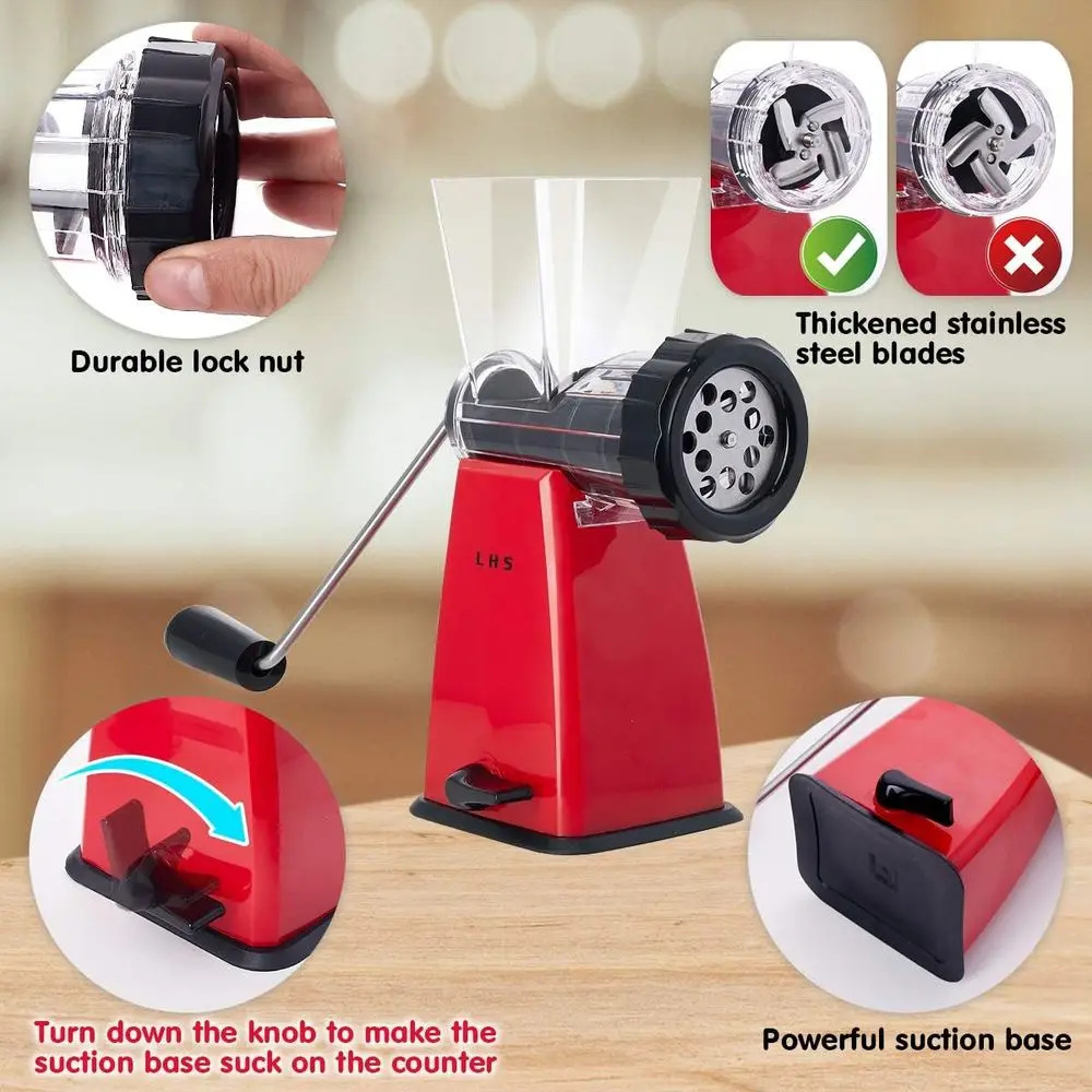 Manual Meat Grinder Stainless Steel Blades Heavy Duty Power Suction Base Home Use Fast Easy All Meats-Red