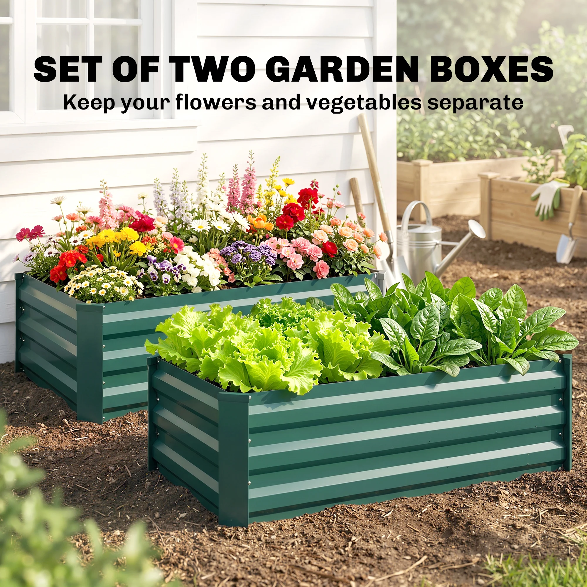 Galvanized Raised Beds for Garden Set of 2, Outdoor Elevated Planter Box, Green