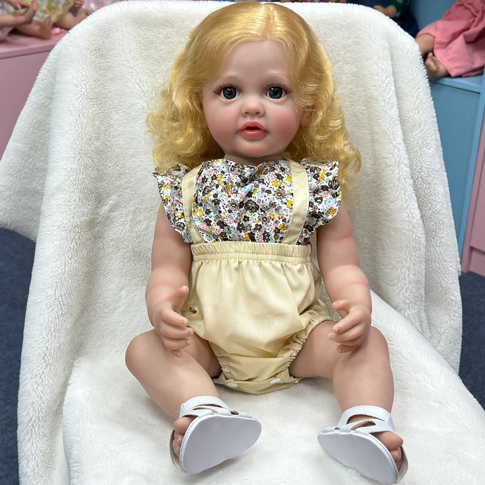 Bambola Reborn Girl in vinile da 22", capelli lunghi biondi, caratteristiche squisite, occhi azzurri, posizionabile, confezione regalo per collezionisti