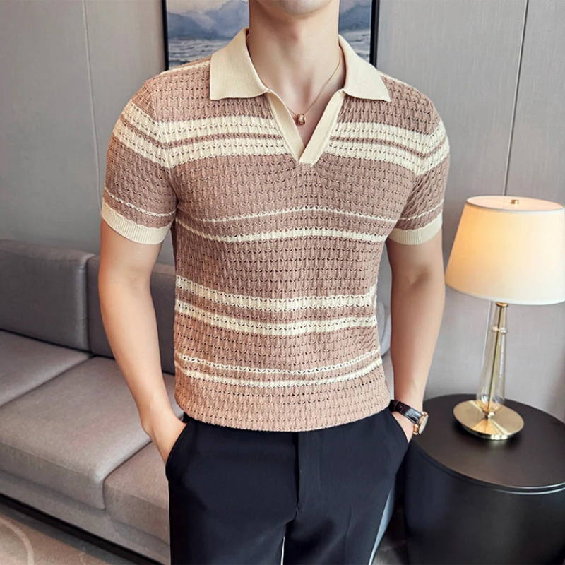 Mesh Hollow Striped Jacquard Knitted Polo Shirts Men Summer Short Sleeved T-shirt V-neck Casual Business Polo Shirt Men Clothing