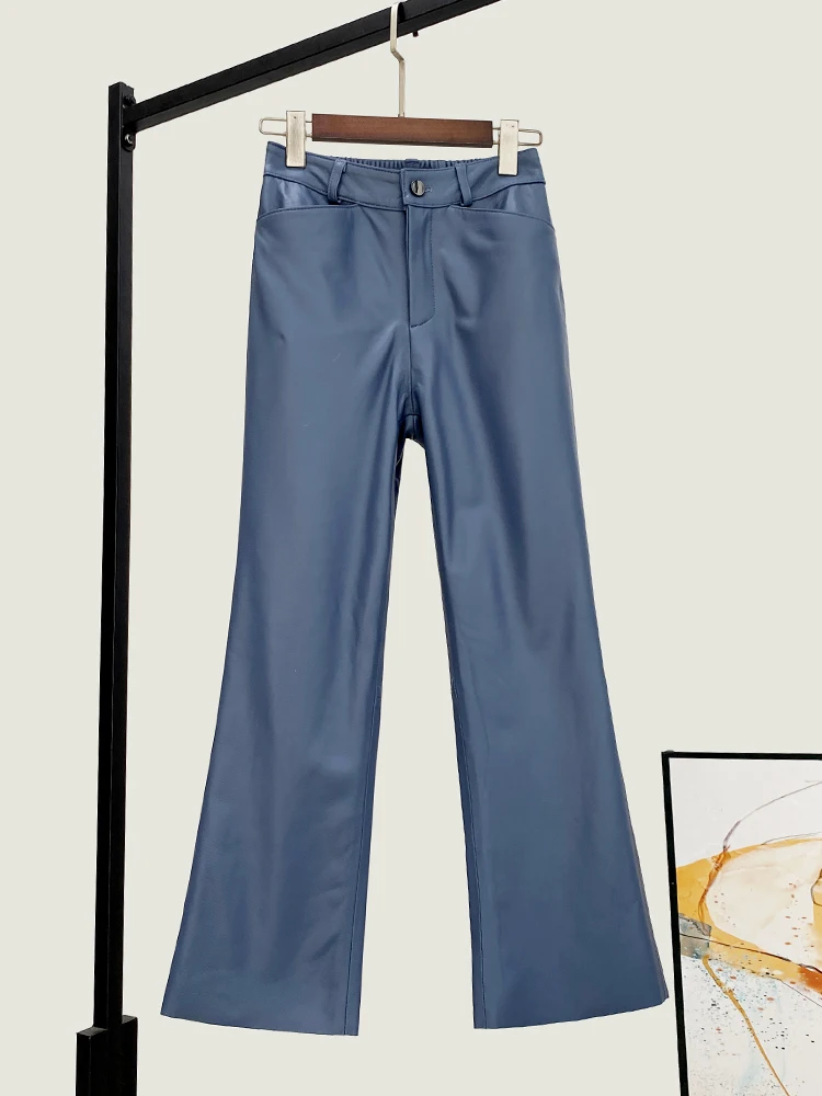 Winter New High Quality Genuine Real Leather Pants Women's Fashionable All-Match Cropped Bootcut Trousers Waist Casual