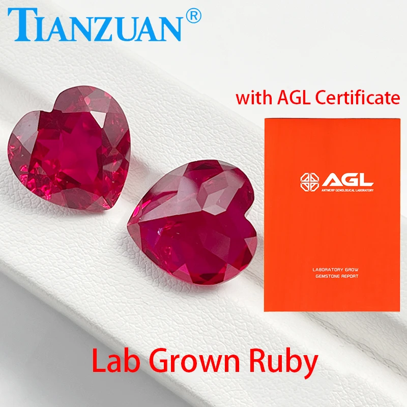 

Heart Shape Lab Grown Ruby Natural Cut Red Color Synthetic Corundum with Cracks Inclusions Inside with AGL Certificate