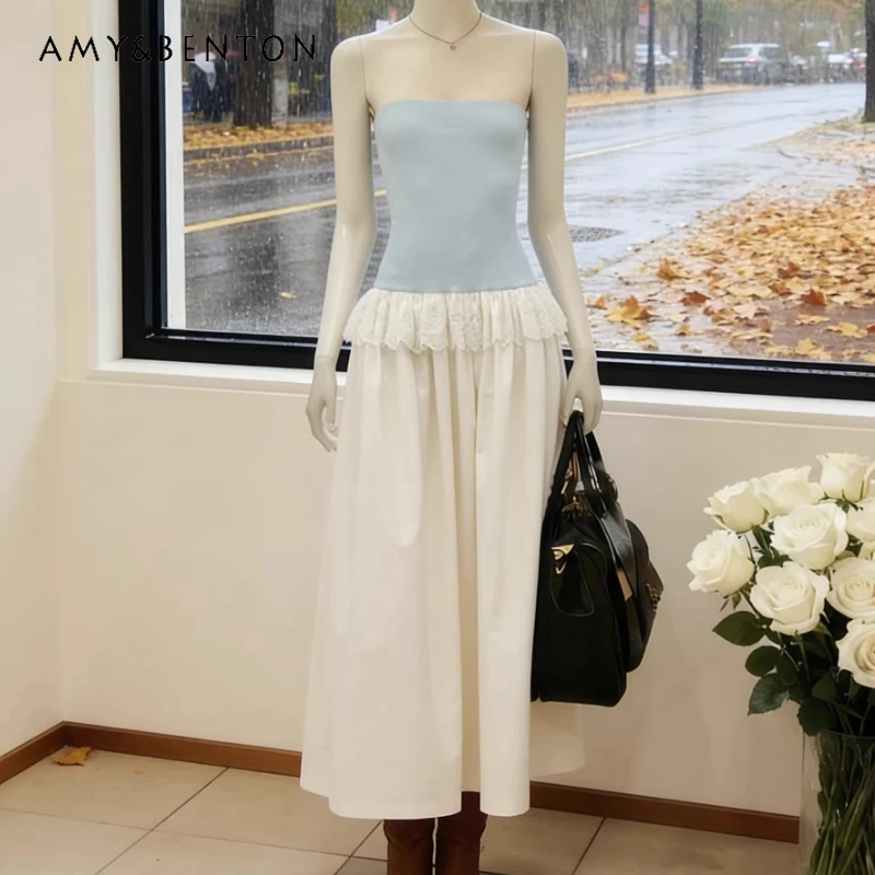 

French Design Gentle Wind Women's Tube Top Lace Edge Dress 2026 Summer New Waist-cinching False Two-piece Long Dresses Ladies