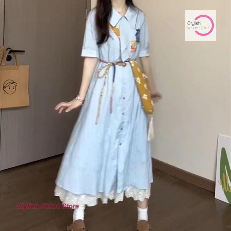 Pittura a inchiostro retrò letteraria francese Polo collo a vita alta abito blu gonna a camicia lunga stile college moda estiva da donna