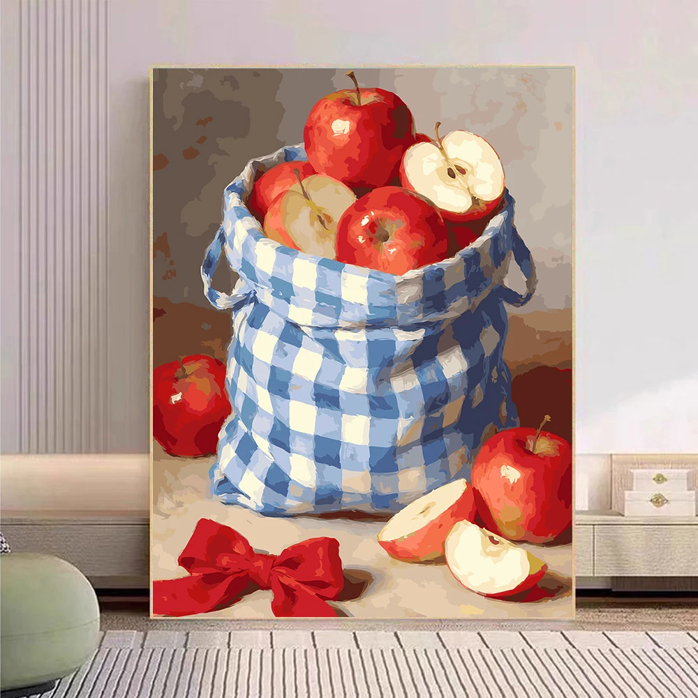 Red Apple Still Life Gingham Bag Oil Painting By Numbers Modern Wall Decor for Living Room Bedroom Perfect Gift No Frame