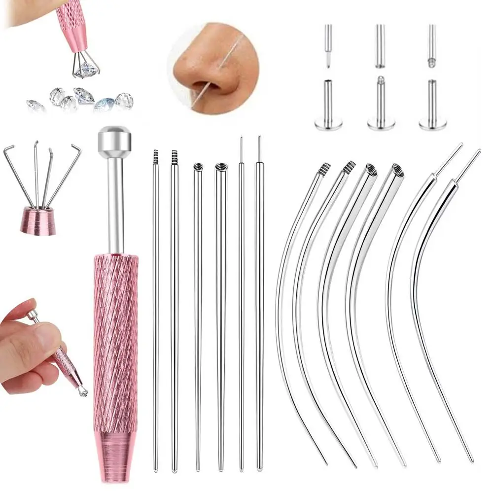 13pcs Stainless Steel Piercing Taper Tool Earring Applicator Earring Tool Puncture Connecting Pin Straight/Curved Pole