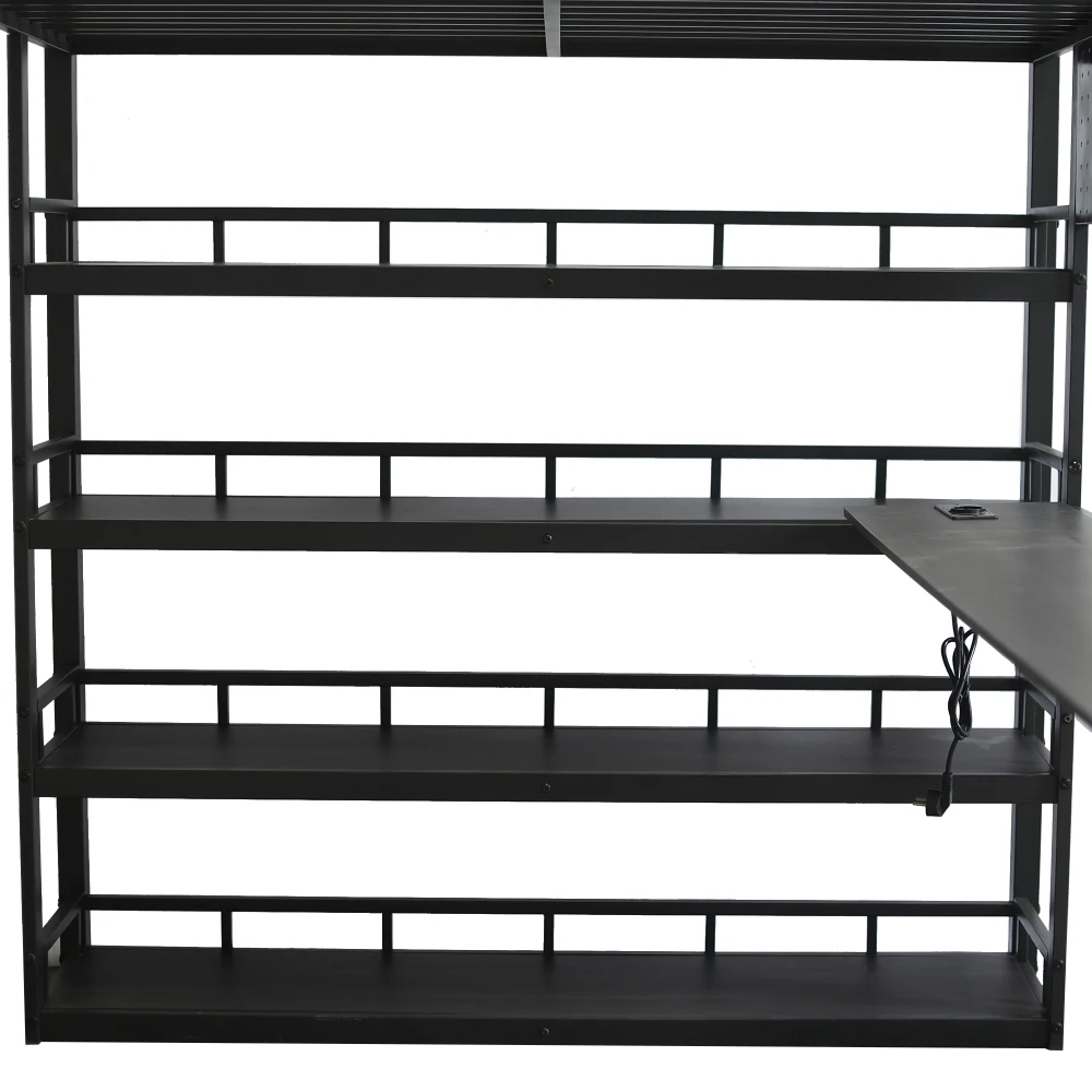 PINGGO Metall-Etagenbett mit Aufbewahrungsregalen, Ladeanschluss, 4-Stufen-Leiter, Hängeregal, Eisen-Spanplatte, Schwarz, 140x200cm, ohne Matratze – Detail 17