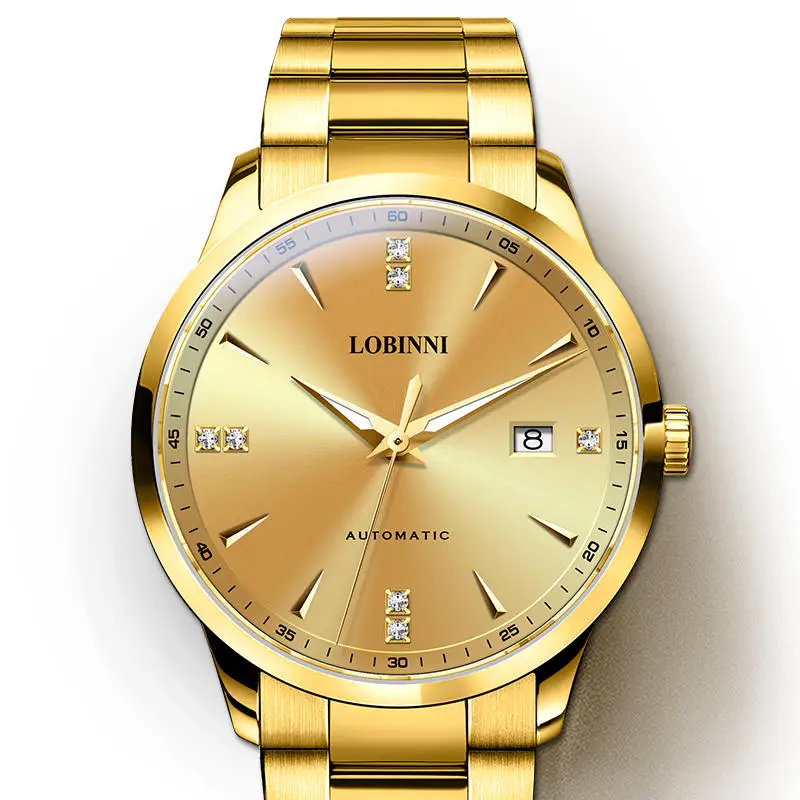 LOBINNI Men's Automatic Mechanical Watch Luxury Sapphire Diamond 18K Gold Color Dial Japan Imported Mechanical Clocks  L19002