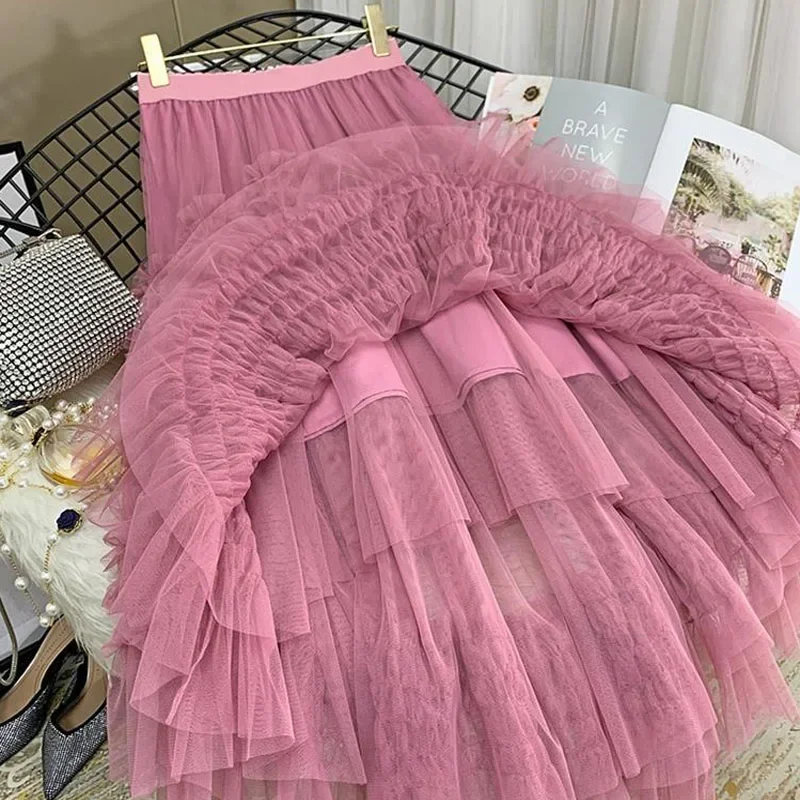 

Long Mesh Skirt Women 2023 Spring And Summer High Waist Max Pleated Tutu Tulle Skirt Gauze Irregular Skirt Female Jupe Longue