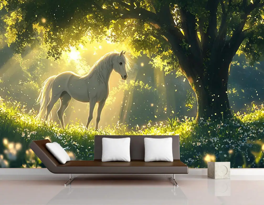 Custom wallpaper Forest background wall painting landscape painting Unicorn white horse animal photo wallpaper papel de parede