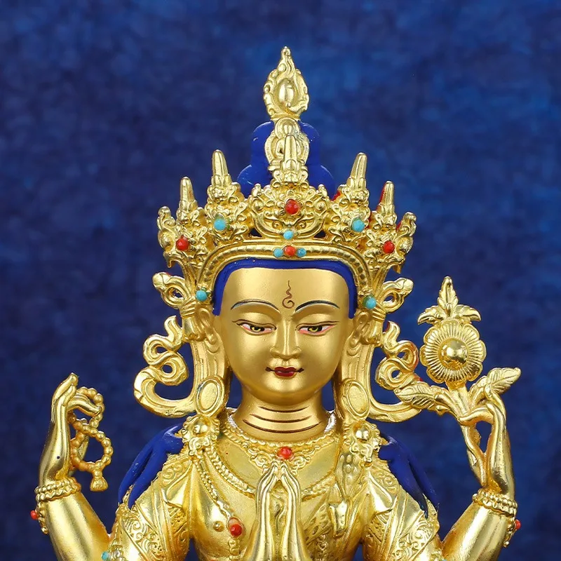 Copper four-armed Guanyin Buddha statue ornament, gilded, for indoor home use, Tibetan-style Guanyin Bodhisattva statue ornament
