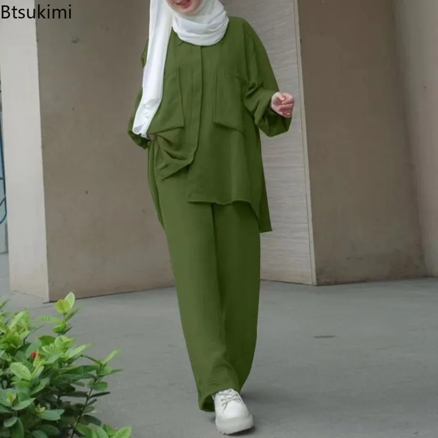 Frauen Casual Muslimischen Anzug Solide Abaya Eid Ramadan Langarm Bluse + Hosen 2-teiliges Set Dubai Türkei Kaftan Frauen islamische Kleidung