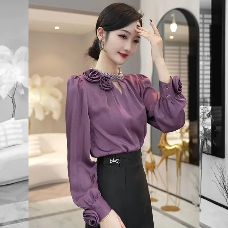 Zdjęcie 5: 2024 Wczesna jesień Nowy top Wczesna jesień noszenie eleganckiej fioletowej lekkiej luksusowej damskiej koszuli z długim rękawem