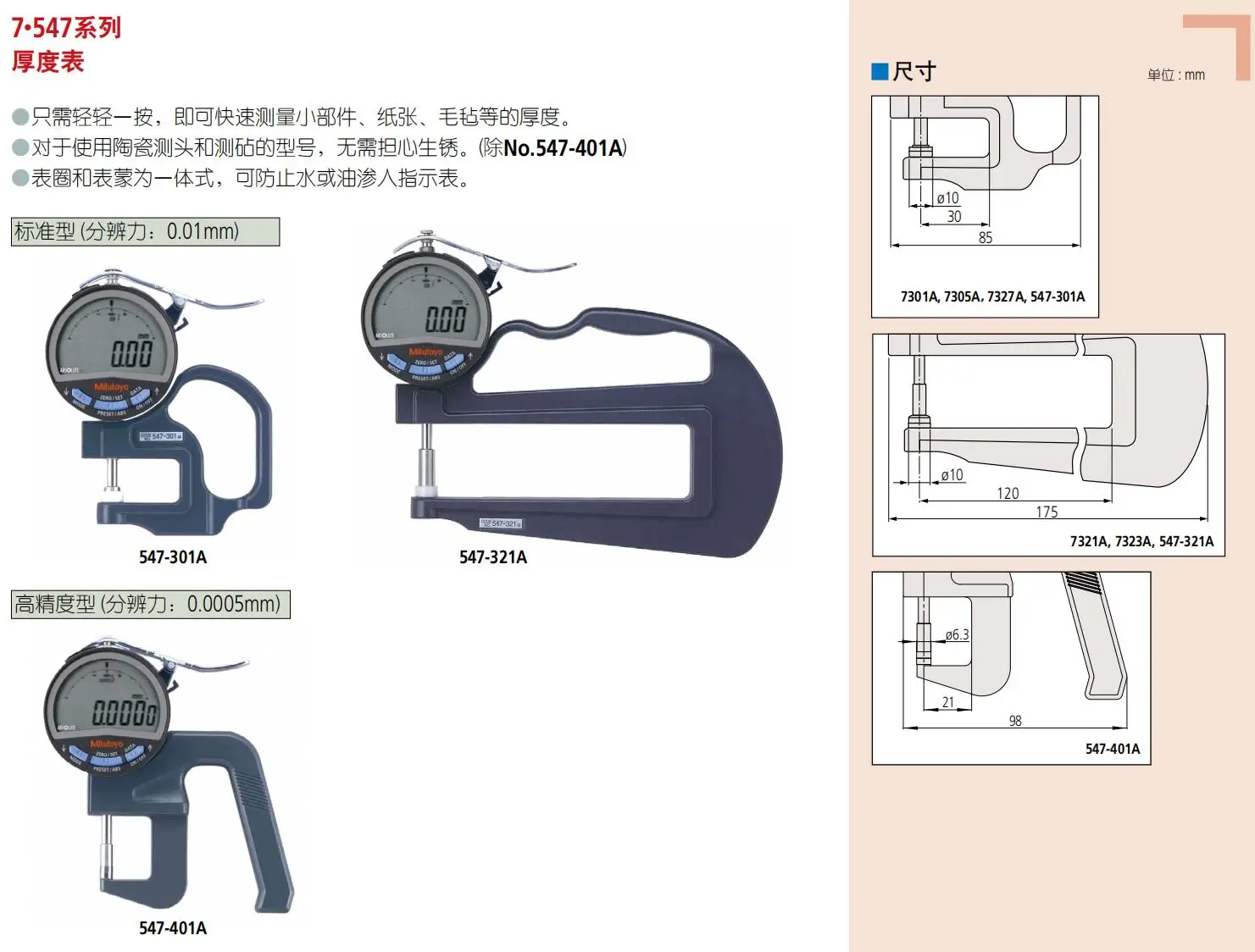 Mitutoyo 547-401A  measuring range 0-12mm resolution 0.0005mm carbide flat measuring faces metric digital thickness gage