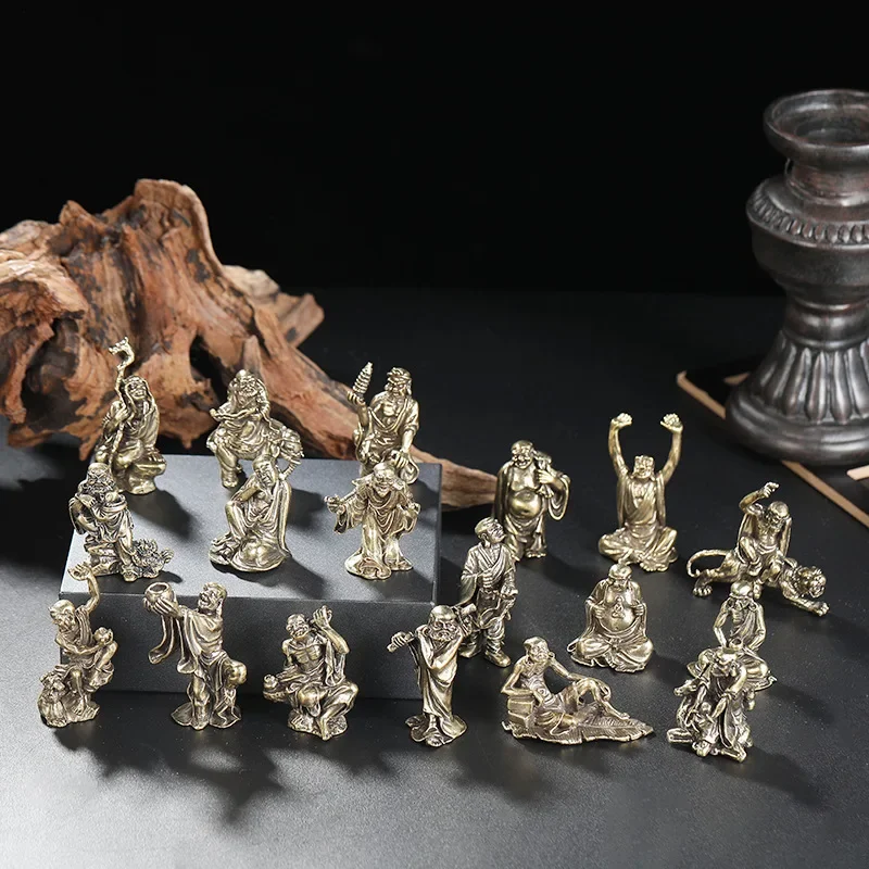 18Pcs Eighteen Arhat Metal Ornament Small Ornament Brass Solid Buddha Statue Home Office Desktop Decoration