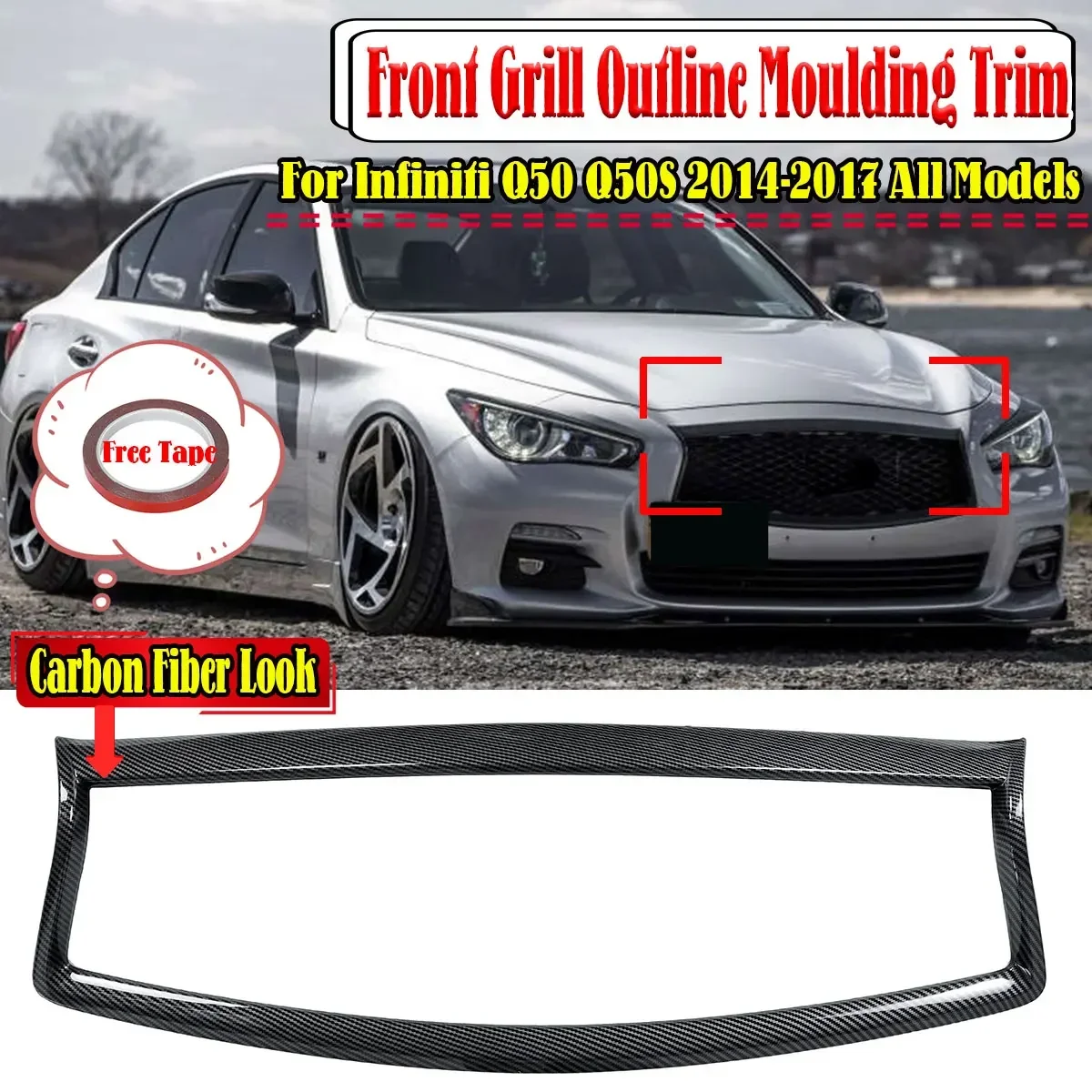 Glossy Black/Carbon Fiber Look Front Grille Trim Overlay Cover Add On Front Bumper Grill Frame For INFINITI Q50 Q50S 2014-2021