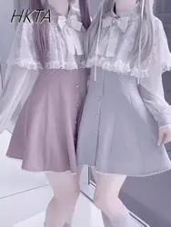 Japanese Mine Niche Cute Dress Women Kawaii Lolita Girls Sweet Bow Shawl Lace Chiffon Long Sleeve Dress Short Black Dresses Lady