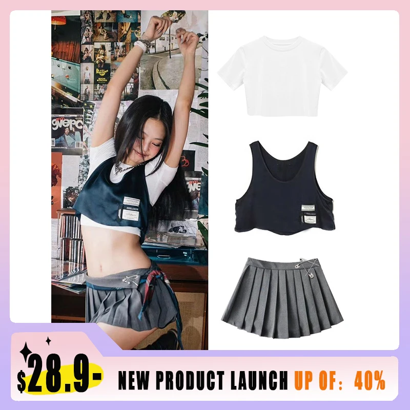 

Korean Women'S Group Matching Black Sling Vest Pleated T-Shirt Short Skirt Set Adult women Jazz Dance Kpop Stage Outfits VBH180