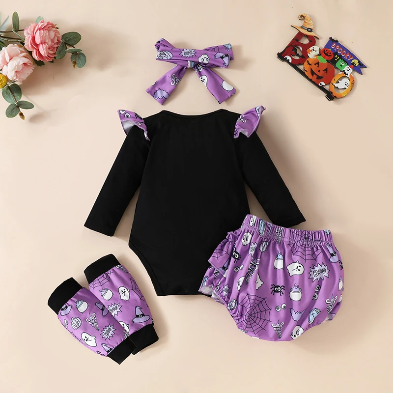 Baby Meisje Halloween Outfits Letters Print Ronde Hals Lange Mouw Romper Spookprint Short Strik Hoofdband Been Warmer