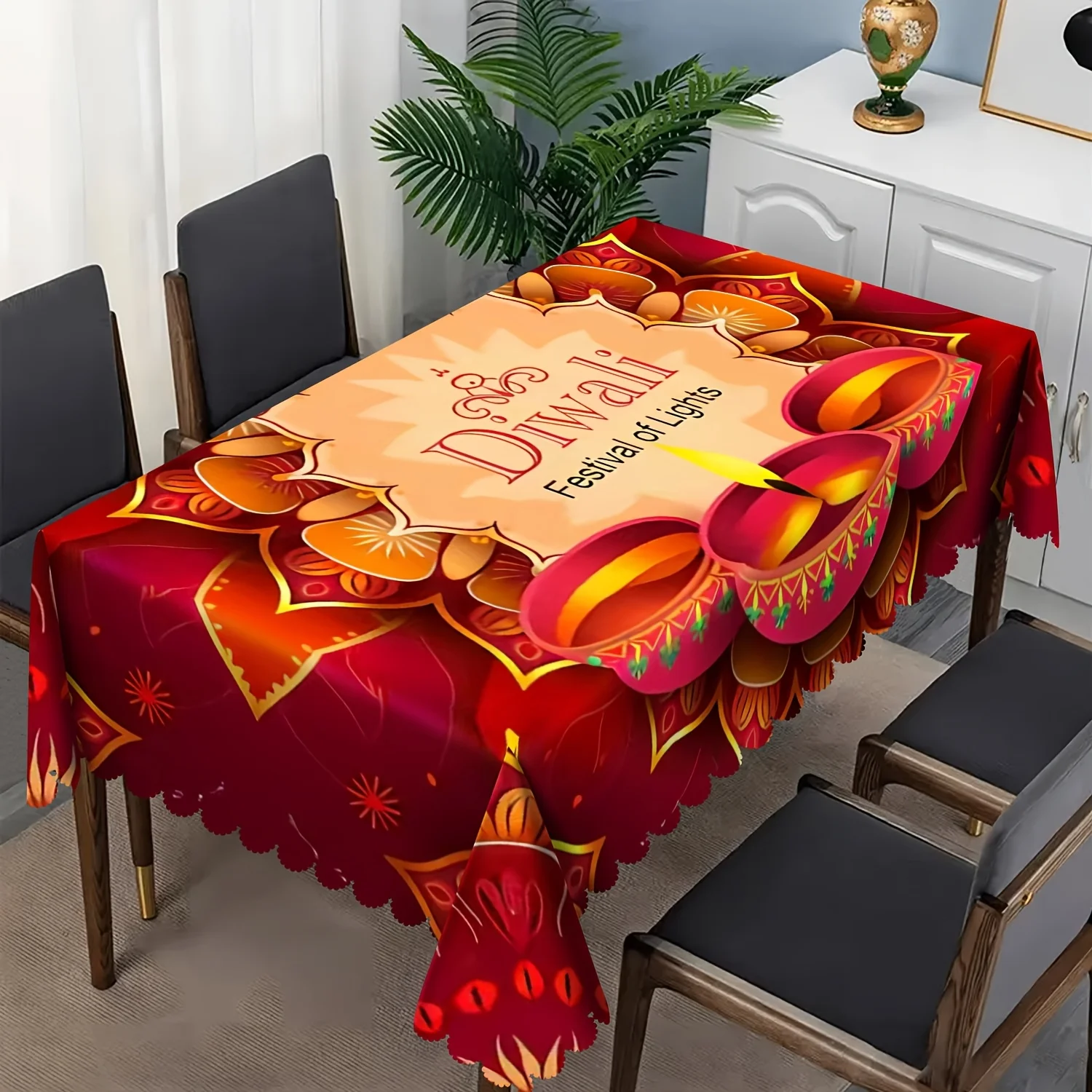 Happy Diwali Festival of Lights Mandala Tablecloth for Table Decor Reusable Kitchen Dining Tablecloth Diwali Decorations