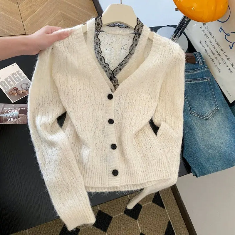 Dames gebroken wit V-hals kant patchwork mohair vest trui vintage jaren 2000 Y2k gebreide kleding lange mouwen kasjmier trui herfst