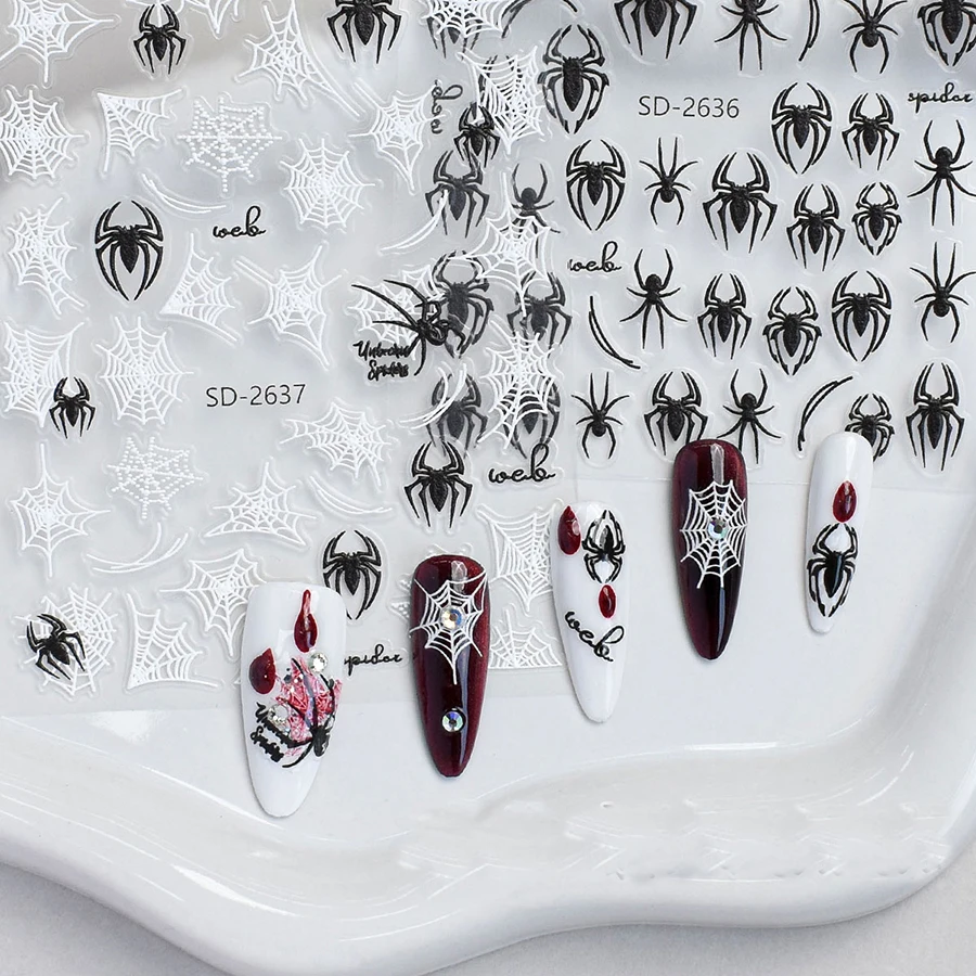 

4pcs 5d Emboss Nail Art Stickers Black Spiders White Cobwebs Decals For Manicure Tips Accessories