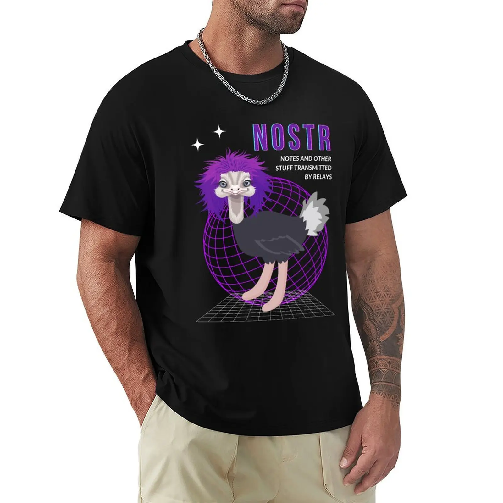 Nostrich NOSTR Ostrich with Messy Purple Hair T-Shirt Daily Casual Short Sleeve Tee Shirt