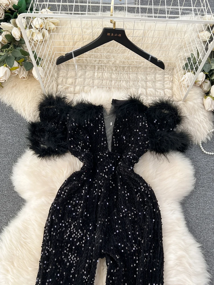 Women Off Shoulder Elegant Plush Spliced Sequins Top Light Luxury Temperament High Waist Wide Leg Pants Jumpsuit - Image 2