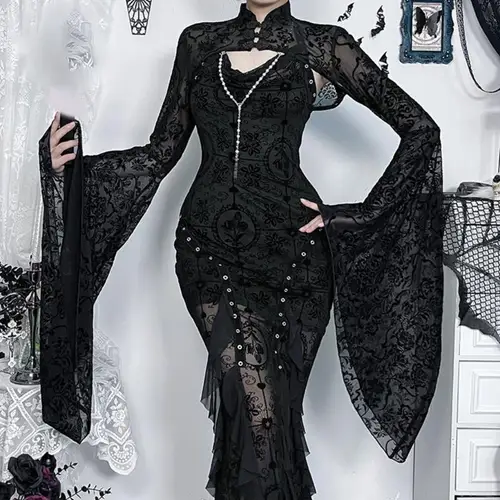 Y3ne elegante blusa flujo inspiración gótica con mangas campanas acentos encaje nuevo china chaqueta para mujeres