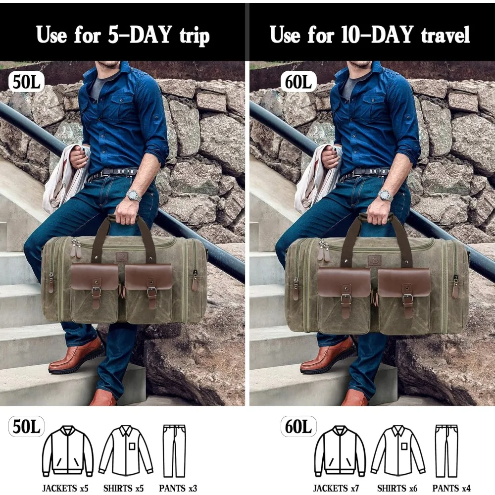 حقيبة سفر للرجال قابلة للتوسيع سعة 60 لترًا من القماش الخشن مع جلد طبيعي - حقيبة أمتعة لحمل عطلة نهاية الأسبوع لرحلات عطلة نهاية الأسبوع #3