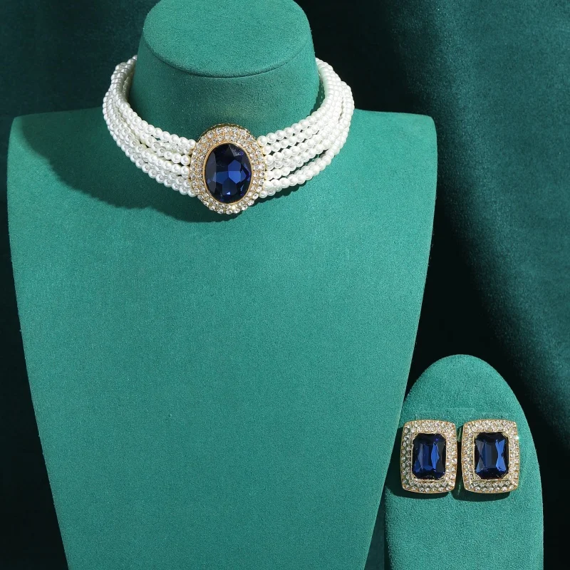 Vintage Dark Blue Crystal 7-Layer Pearl Necklace Square Earrings Jewelry Sets Luxury High Quality Gifts For Women Trends 2026