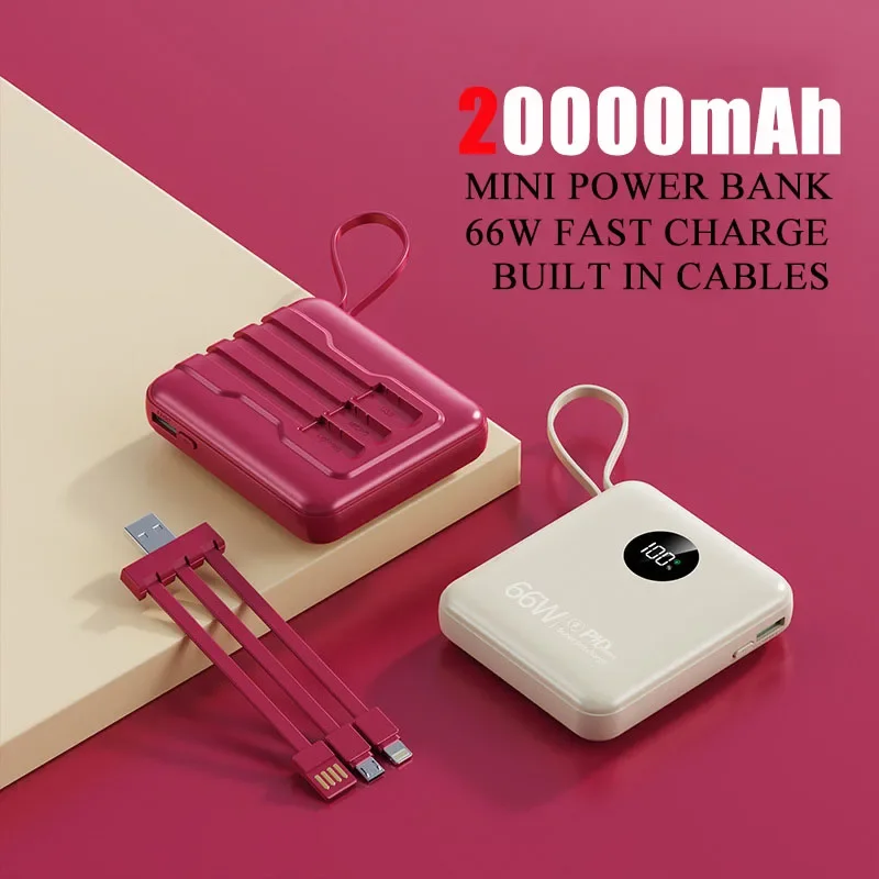 

20000mAh Power Bank 66W Fast Charging with Cables Portable Charger Mini Powerbank for iPhone Xiaomi Samsung Huawei Mobile Phones