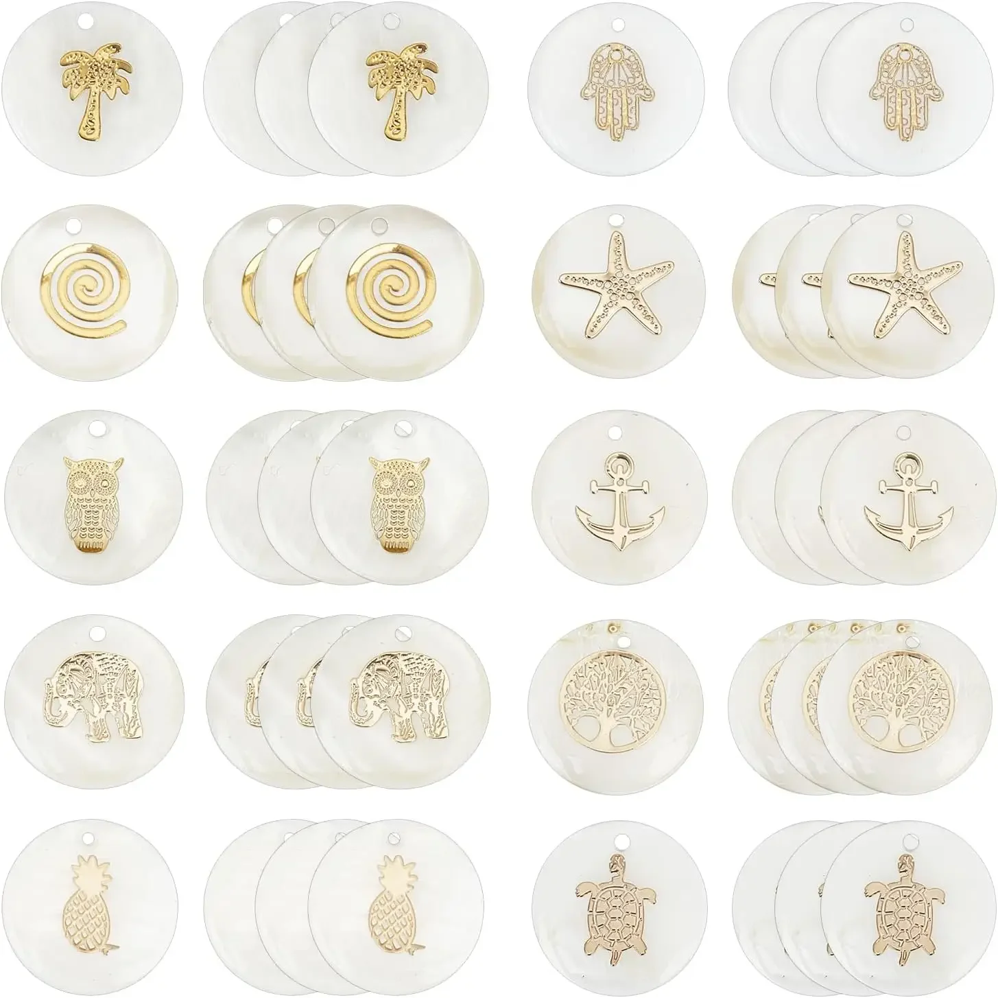 

Freshwater Shell Pendants 40pcs Seashell Starfish Charms Ocean Beach Sea Shells Flat Round with Golden Pattern Tortoise Charms