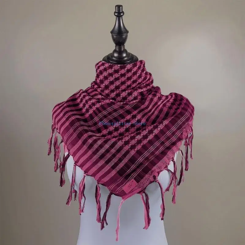 652B Colorblock Houndstooth Shemagh Scarf with Tassels Keffiyeh Neckerchief Head Wrap