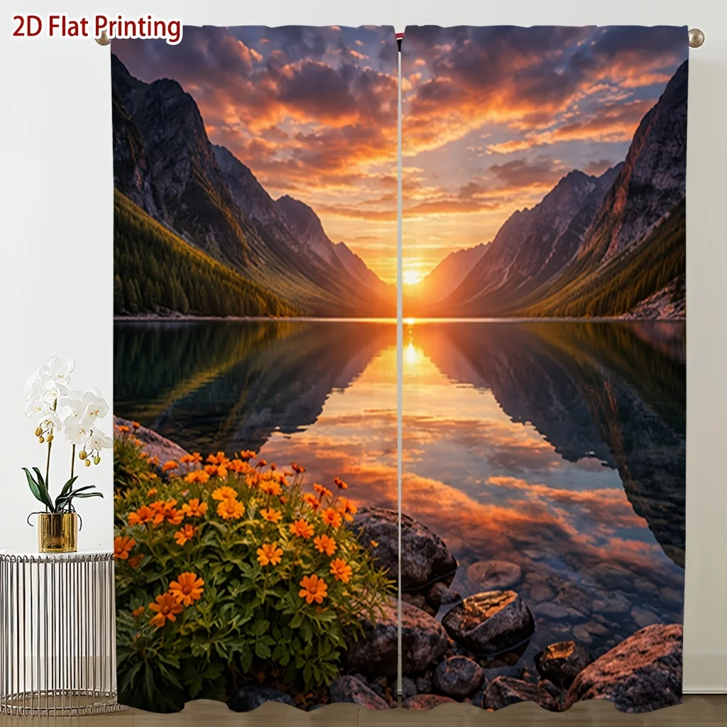 Sunset Mountain Lake Curtain, Orange Flowers & Reflection Scenery Print Drape, Nature Landscape Window Treatment for Living Room