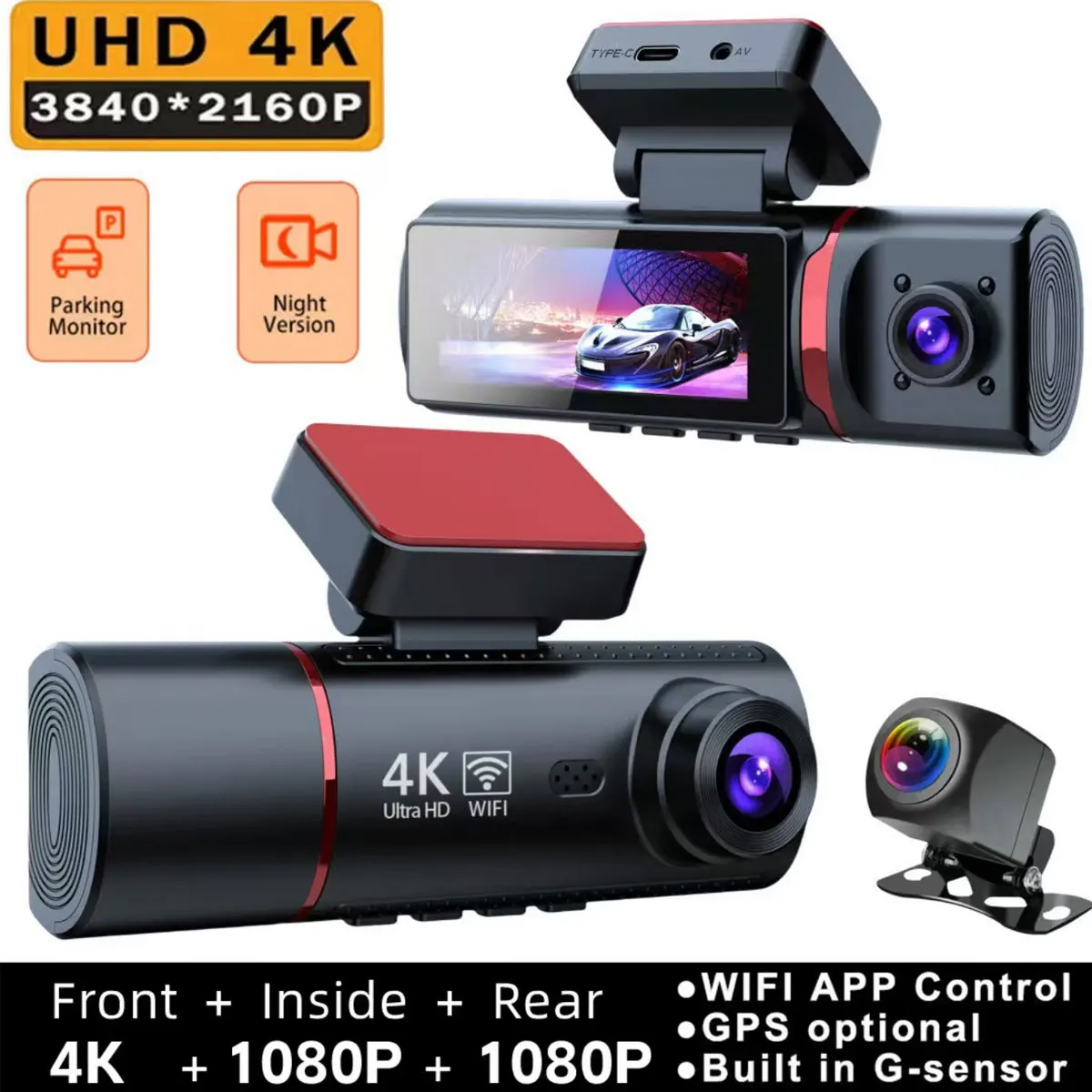 4K Triple Channel CarDashcam FullColor Night Vision Collision LockWiFiMobile
