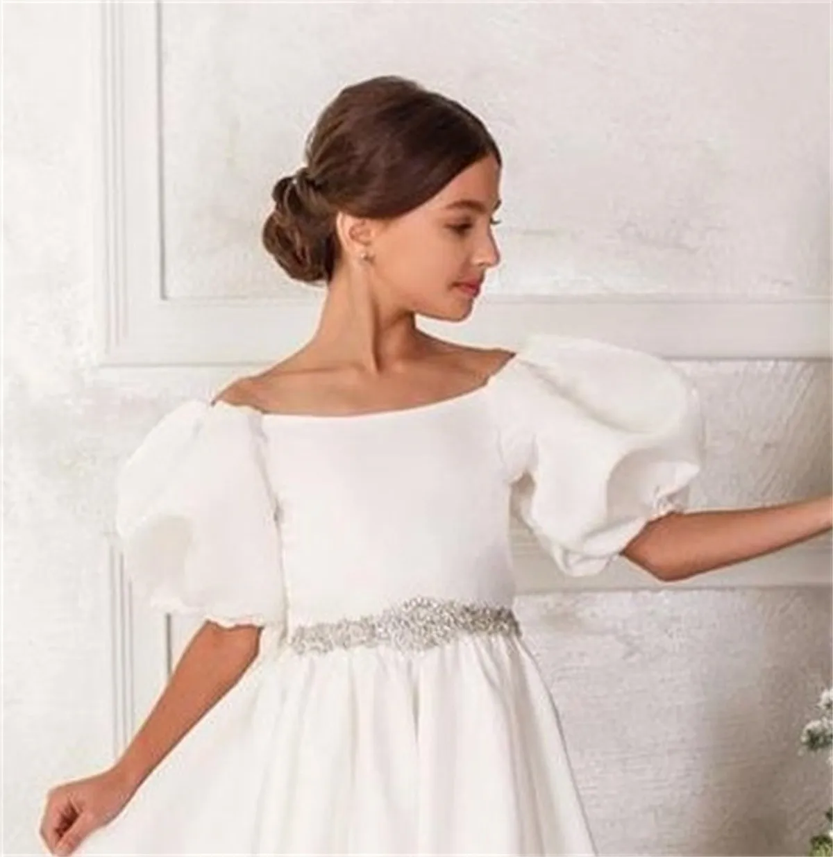 Vestido simples cetim a linha flor até o chão, mangas meia lanterna com arco para casamento, festa de aniversário infantil, vestidos de concurso