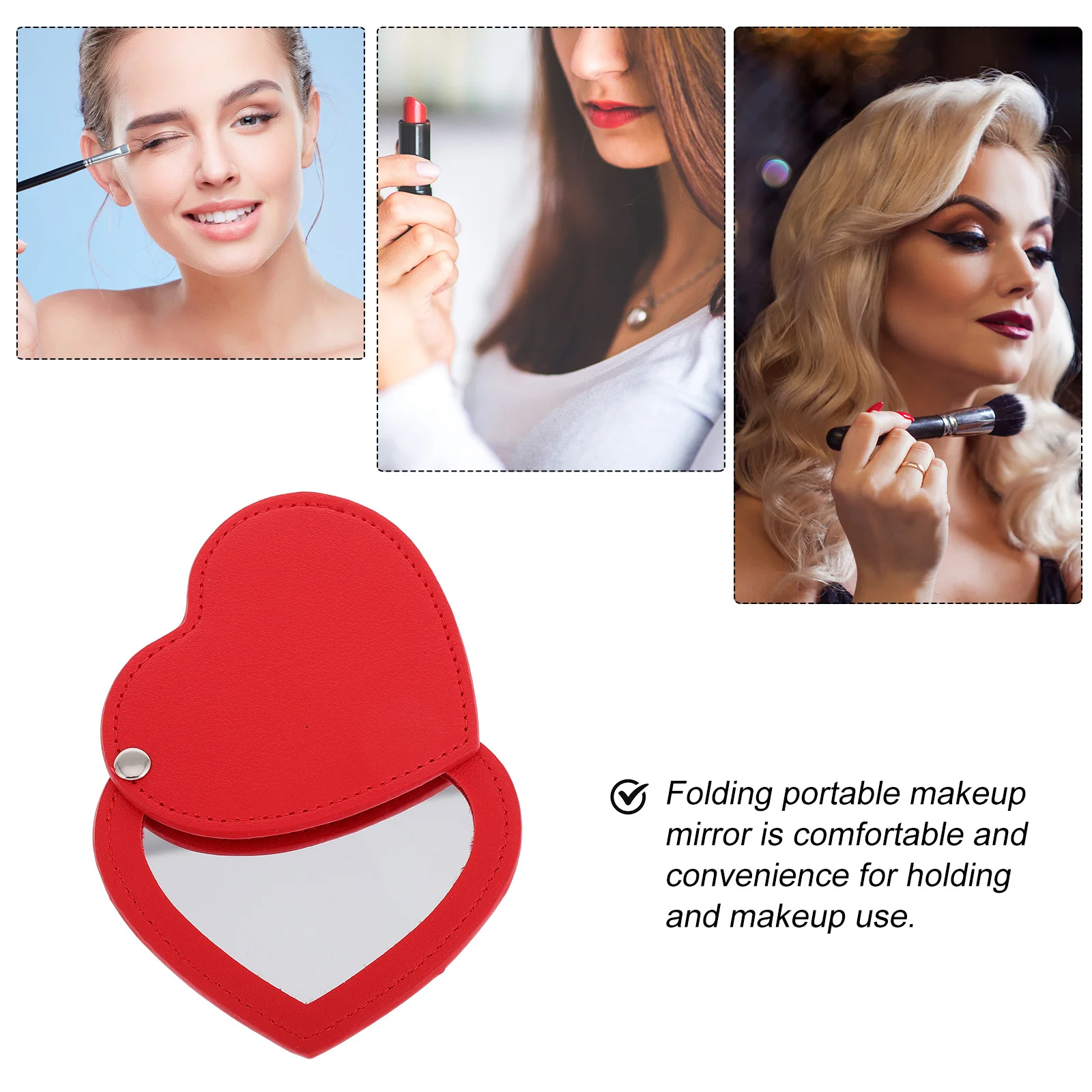 Niedlicher Mini-Taschenspiegel in Herzform, tragbar, PU-Abdeckung für Frauen, Reisen, Camping, täglicher Gebrauch, kompakt