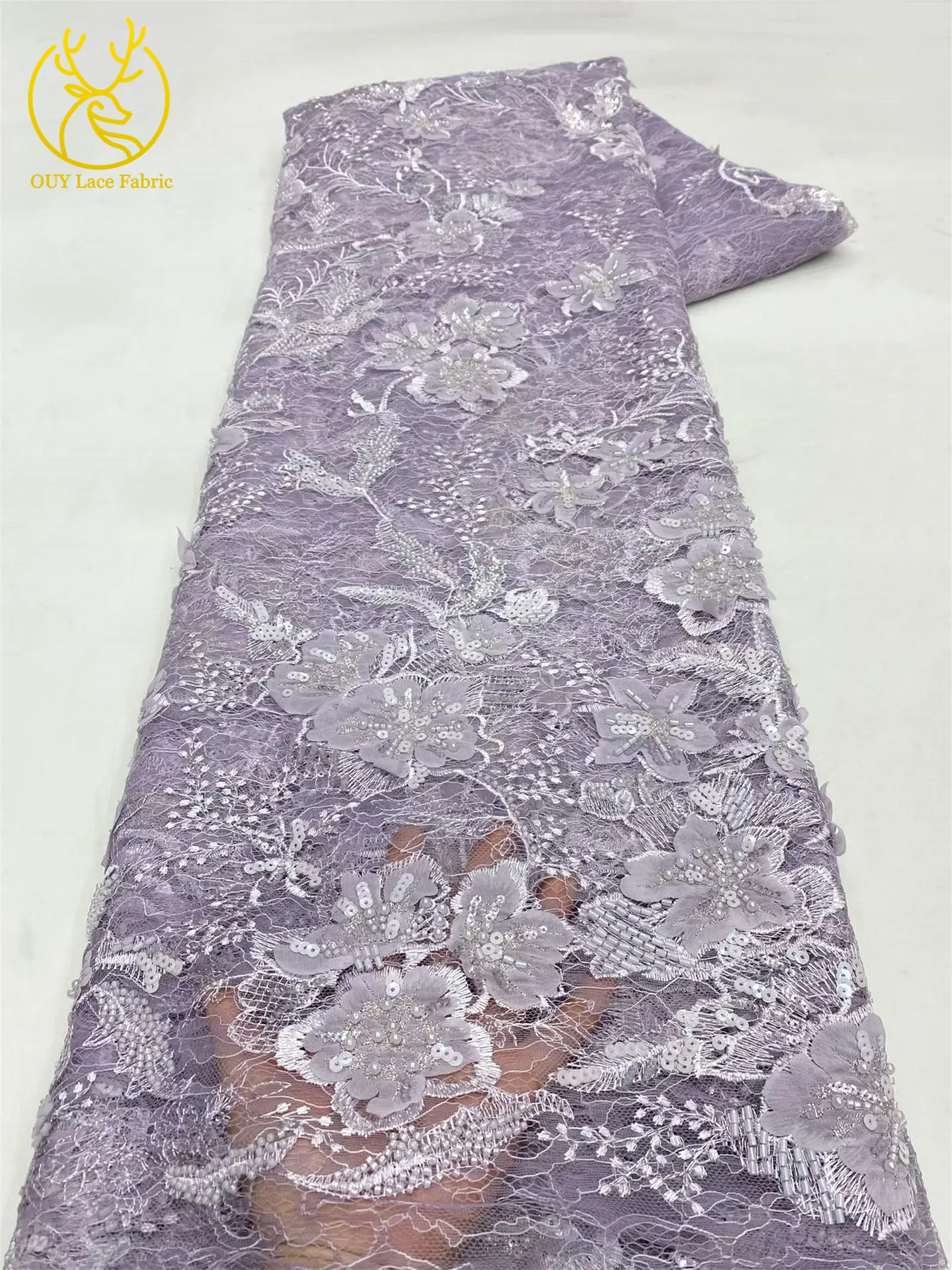 Neuer Stil Afrikanischer 3D-Stickerei-Perlen-Blumen-Spitzenstoff 2026 Französischer Pailletten-Spitzenstoff zum Nähen von Brautkleidern und Partykleidern – Detail 16