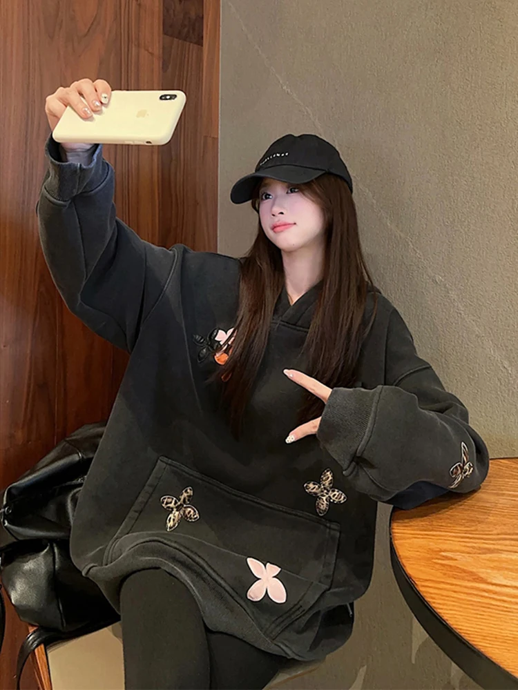 Heavy Industry Leather Embroidered Hooded Long Sleeve Hoodie for Women 2025 Spring New Style Thickened Velvet Warm Top Trendy image 4