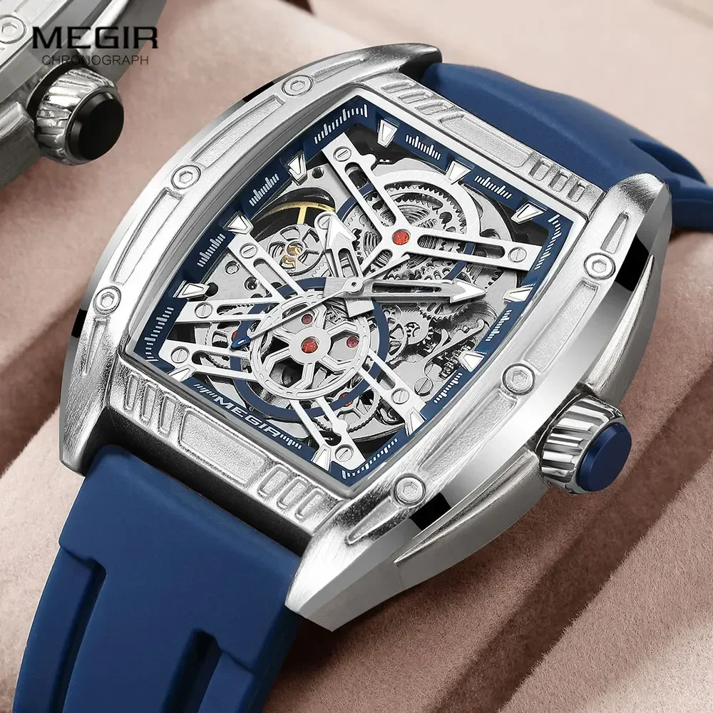 Reloj mecánico deportivo militar MEGIR para hombre, reloj de pulsera automático analógico resistente al agua con correa de silicona azul marino, esfera Tonneau