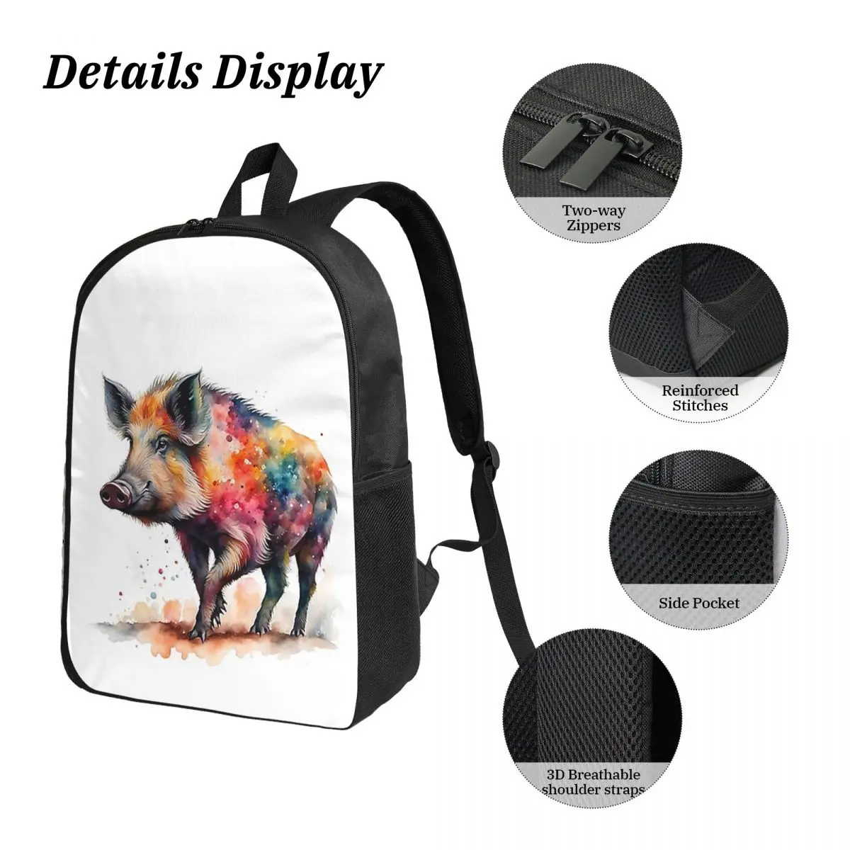 カラフルな水彩画のイノシシのバックパック、男の子と女の子のブックバッグ、スクールバッグ、コンピューターショルダーバッグ、3ps断熱ランチバッグ、ペンケース