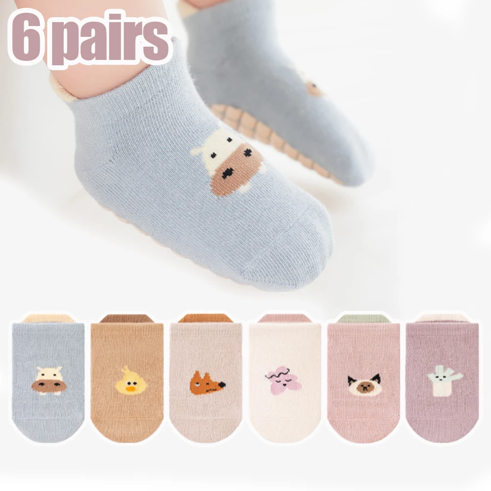 6 pairs of boys and girls' anti slip socks with cute cartoon animal patterns, comfortable and breathable baby floor socks