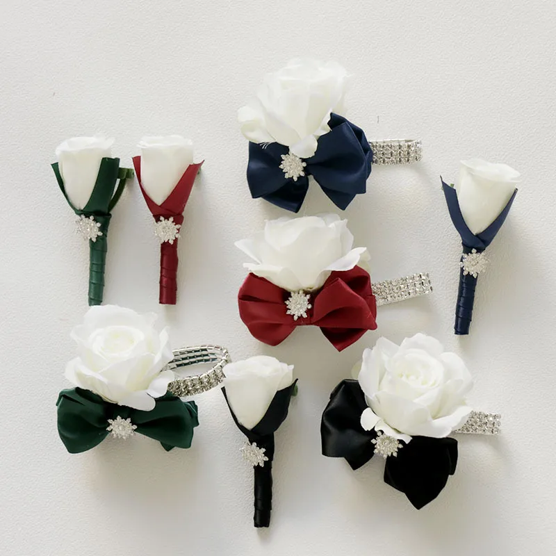 

Boutonniere And Wrist Corsage New Western Wedding Floral Bride Groom Bridesmaid Man Artificial Rose Corsage Flower Wrist Flower