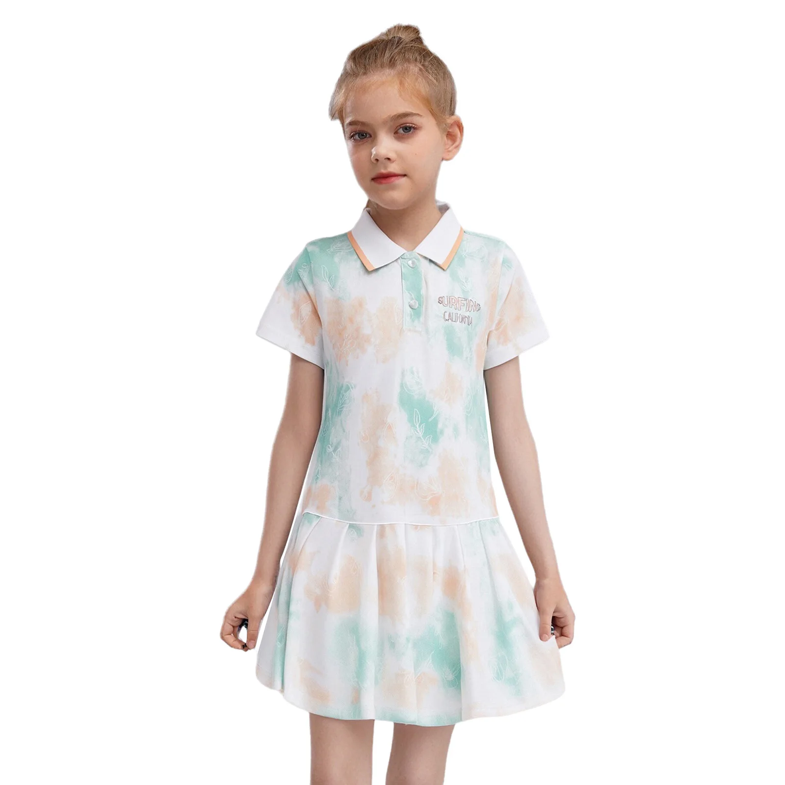 

Kids Girls Tennis Golf Pleated Dress Quick-Drying Summer Turn-Down Collar Short Sleeve Contrast Color Printed Athletic Dresses