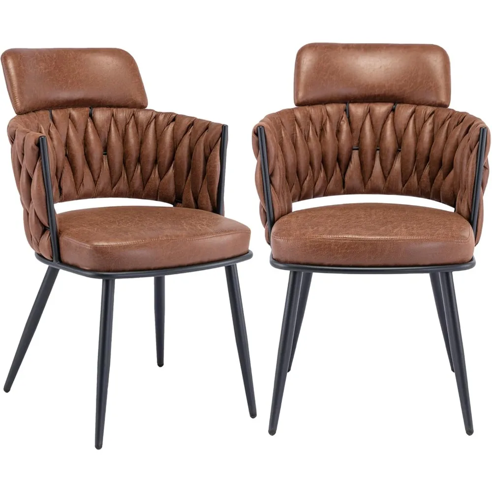 Dining Chairs Set of 2, Retro Faux Leather Kitchen Dining Room Chairs, Hand Weaving Upholstered Dining Chairs with Metal Legs