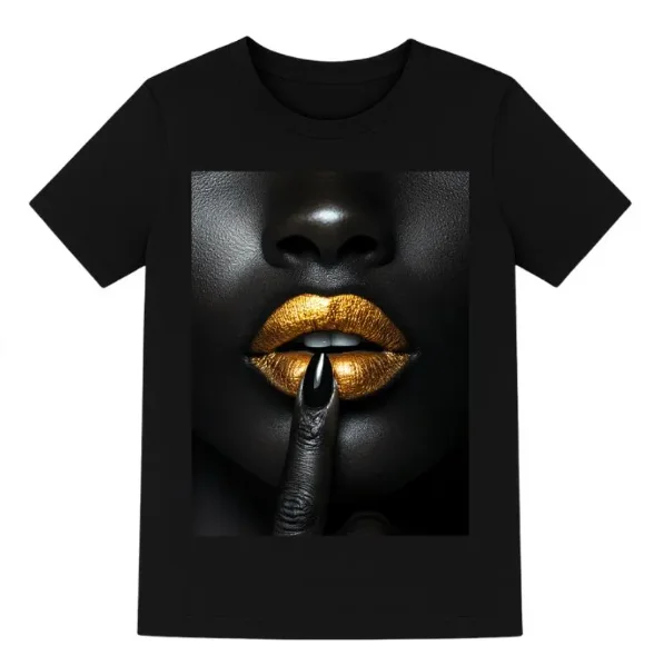 

African with Gold Lips T-Shirt Black Pride Afro Tee Flirty Seductive T Shirt Lipstick Shirt Fashion Wear Trendy Tee