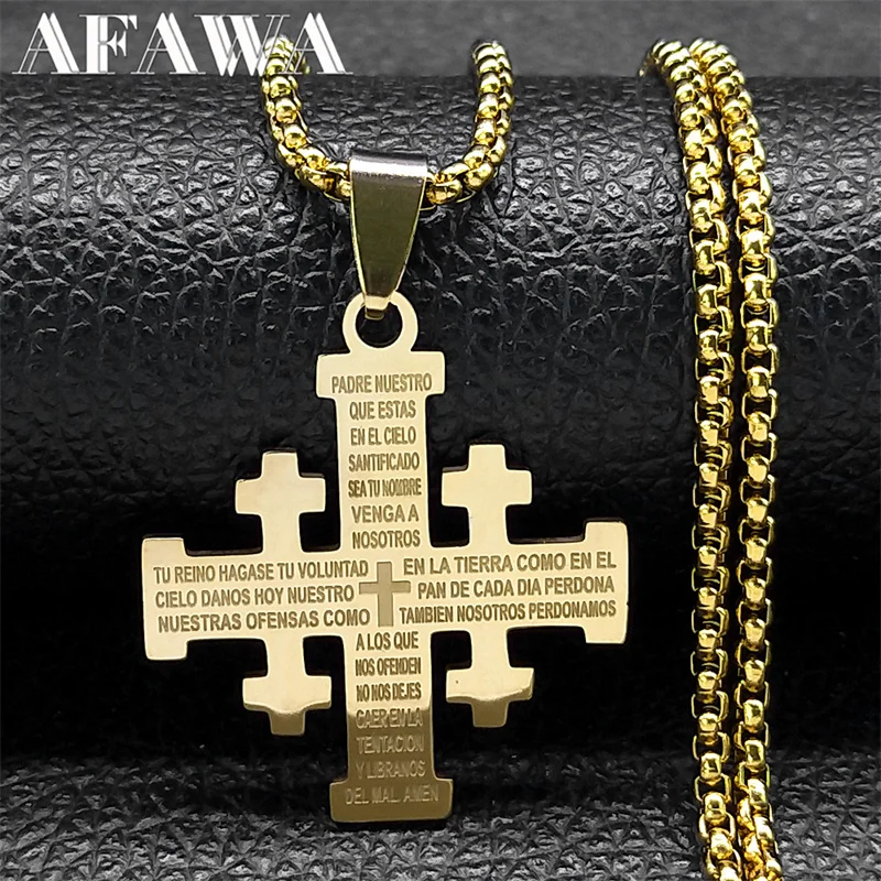 Christian Jerusalem Cross Pendant Necklace for Men Women Stainless Steel Bible Verse Lord's Prayer Chain Jewelry collar N3239S02